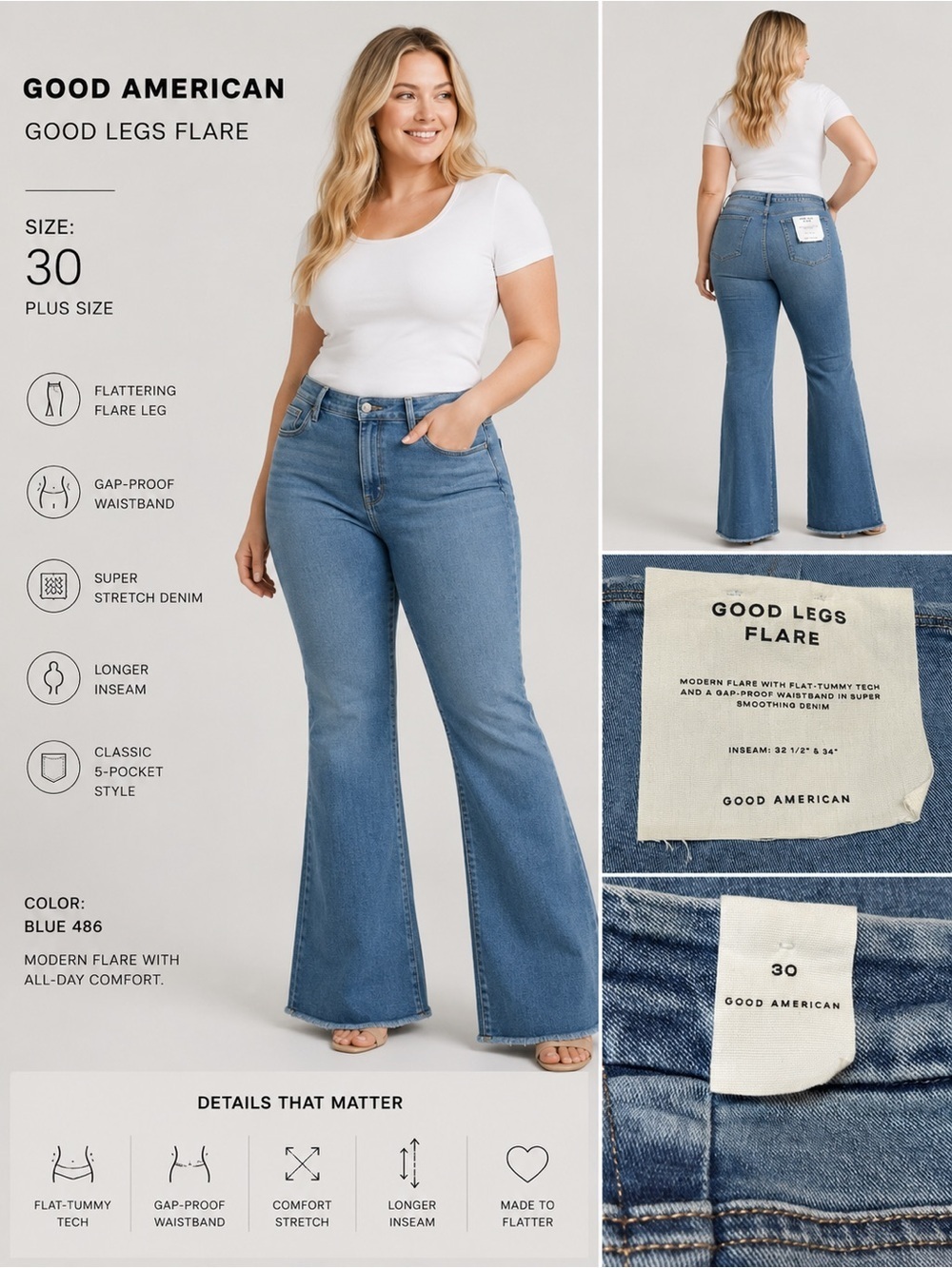 Good American Jeans Plus Size 30 Good Legs Flare Indigo High Rise Stretch NWT
